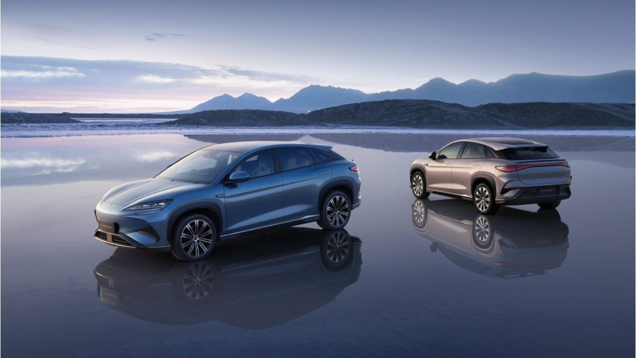 Two BYD electric SUVs showcased on reflective surface during CPL 2025 sponsorship campaign