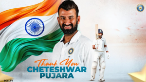 Cheteshwar Pujara smiling in front of the Indian flag, with a tribute message and an action shot of him raising his bat in Test cricket gear.