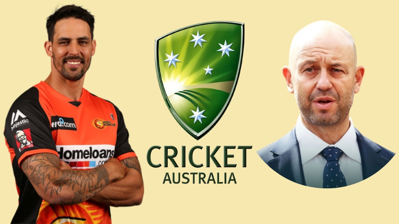 Mitchell Johnson in Perth Scorchers jersey and Todd Greenberg in formal attire with the Cricket Australia logo in the center on a beige background.