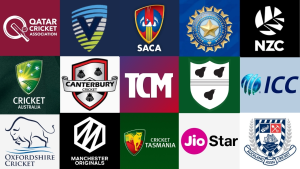 Collage of various global cricket board and league logos including ICC, BCCI, NZC, Cricket Australia, Jio, and others