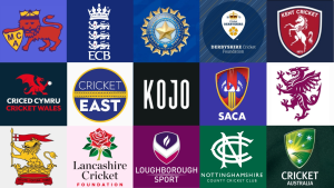 Collage of various cricket board and club logos including MCA, ECB, BCCI, Derbyshire, Kent, Cricket Australia, and others.