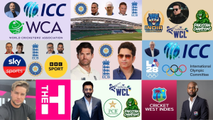 Collage featuring cricket legends, team logos, cricket boards, broadcasters, and tournament brands including ICC, PCB, CWI, WCL, and The Hundred.
