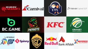 Logos of cricket teams and sponsors including Melbourne Renegades, St Kitts & Nevis Patriots, Cricket South Africa, KFC, Red Bull, and Asia Cup 2025
