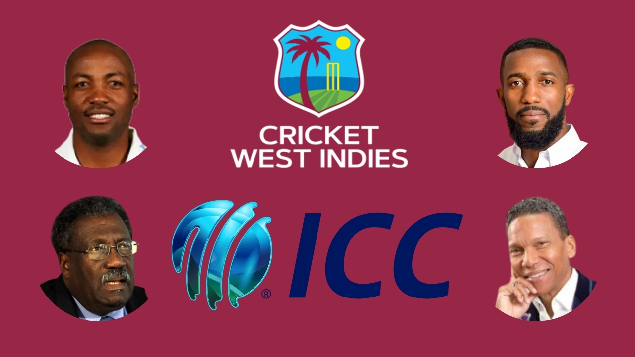 Cricket West Indies (CWI) and ICC logos featured with notable West Indies cricket figures including Brian Lara, Miles Bascombe, Clive Lloyd, and Chris Dehring, highlighting leadership and legacy in 2025.