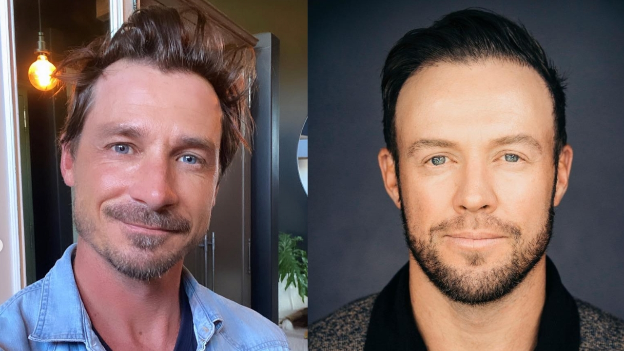 Side-by-side portraits of former South African cricketers Dale Steyn (left) and AB de Villiers (right), both smiling at the camera.