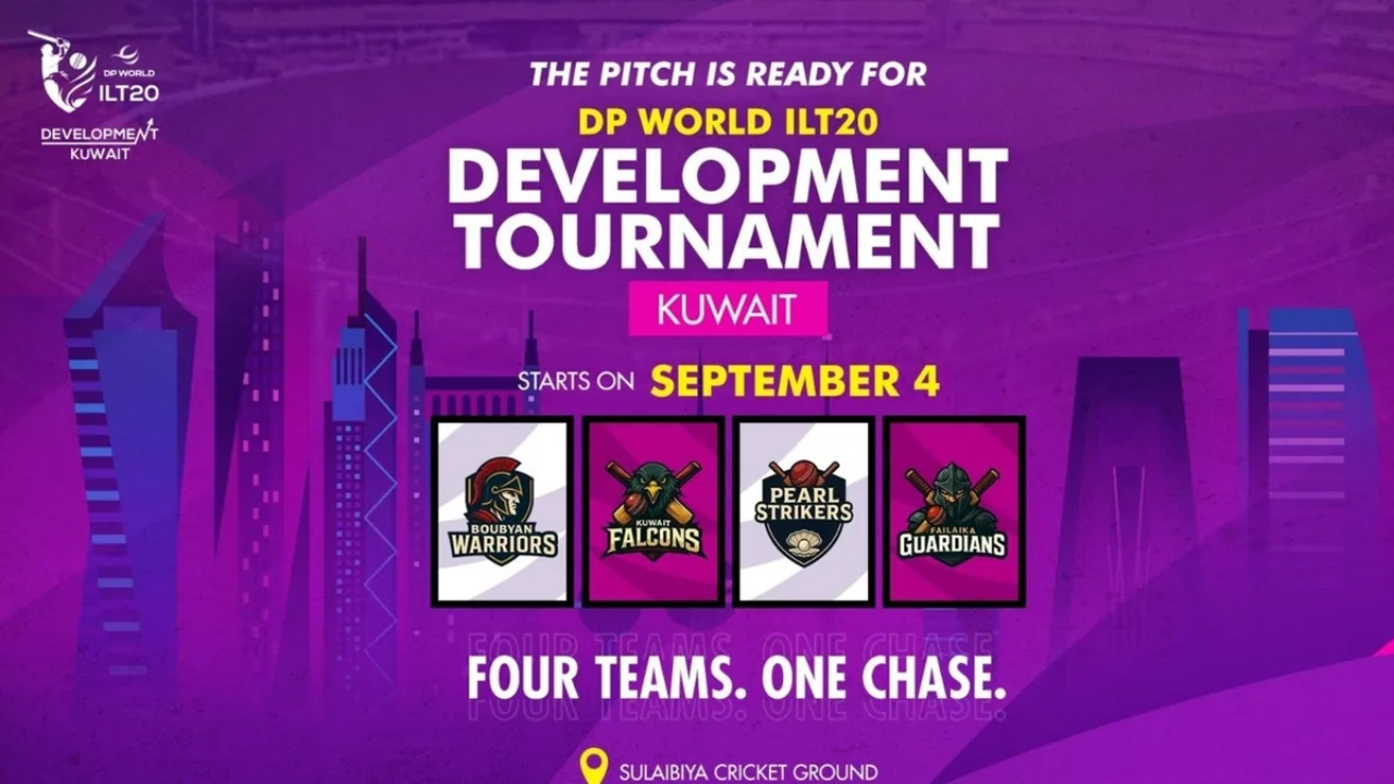 Poster for DP World ILT20 Development Tournament 2025 in Kuwait featuring four teams and start date of September 4