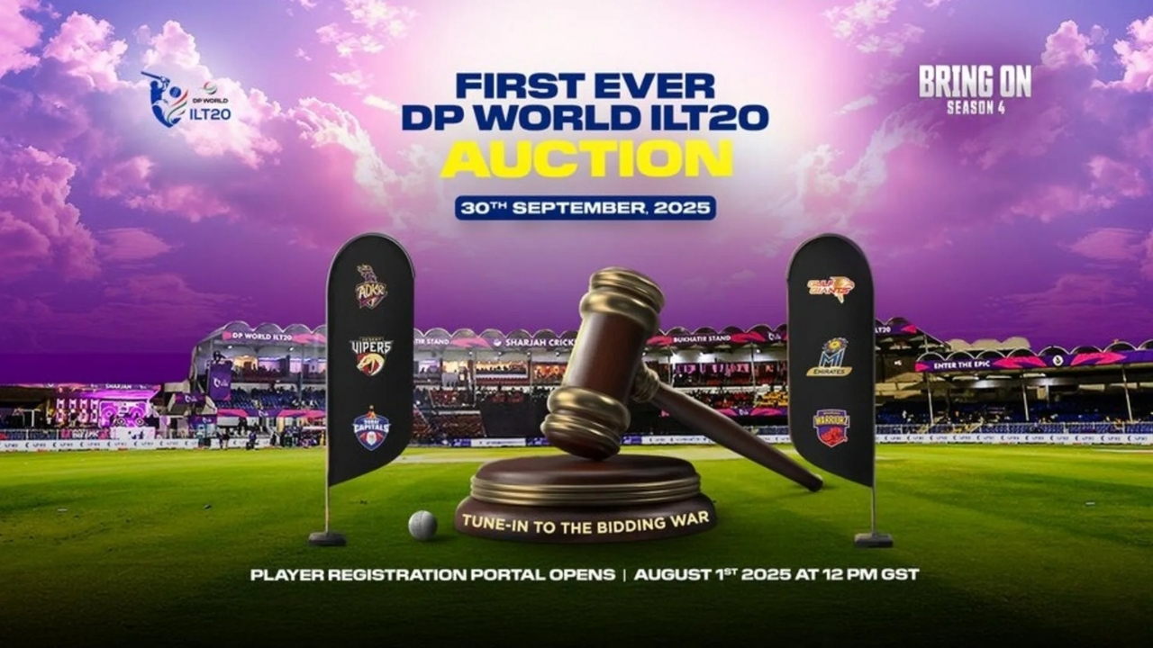 Promotional graphic for the first-ever DP World ILT20 auction, scheduled for September 30, 2025, featuring team logos and a gavel on a cricket field.