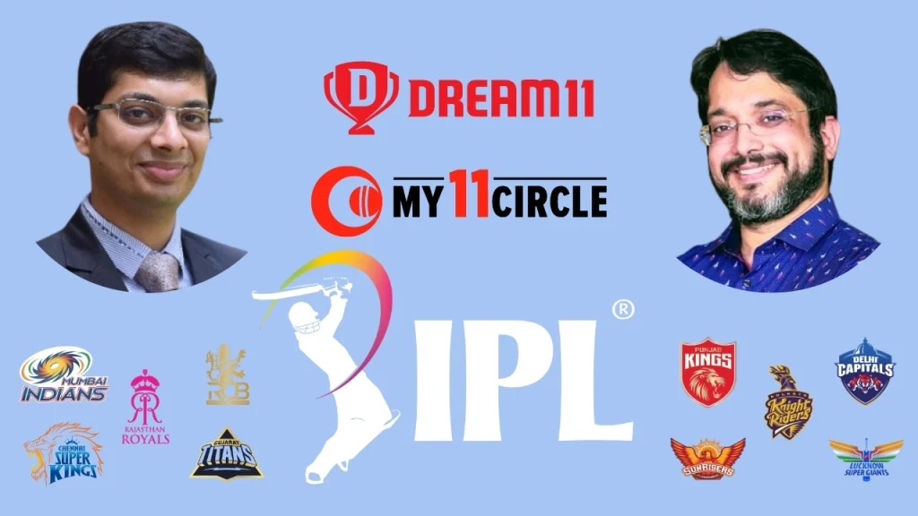Dream11 and My11Circle fantasy sports logos alongside IPL branding, team logos of all IPL franchises, and images of Vidushpat Singhania and Akshat Rathee on a blue background.