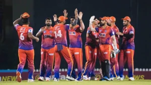 Dubai Capitals players celebrating during an ILT20 cricket match