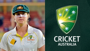 Australian cricketer Ellyse Perry in team uniform next to Cricket Australia logo