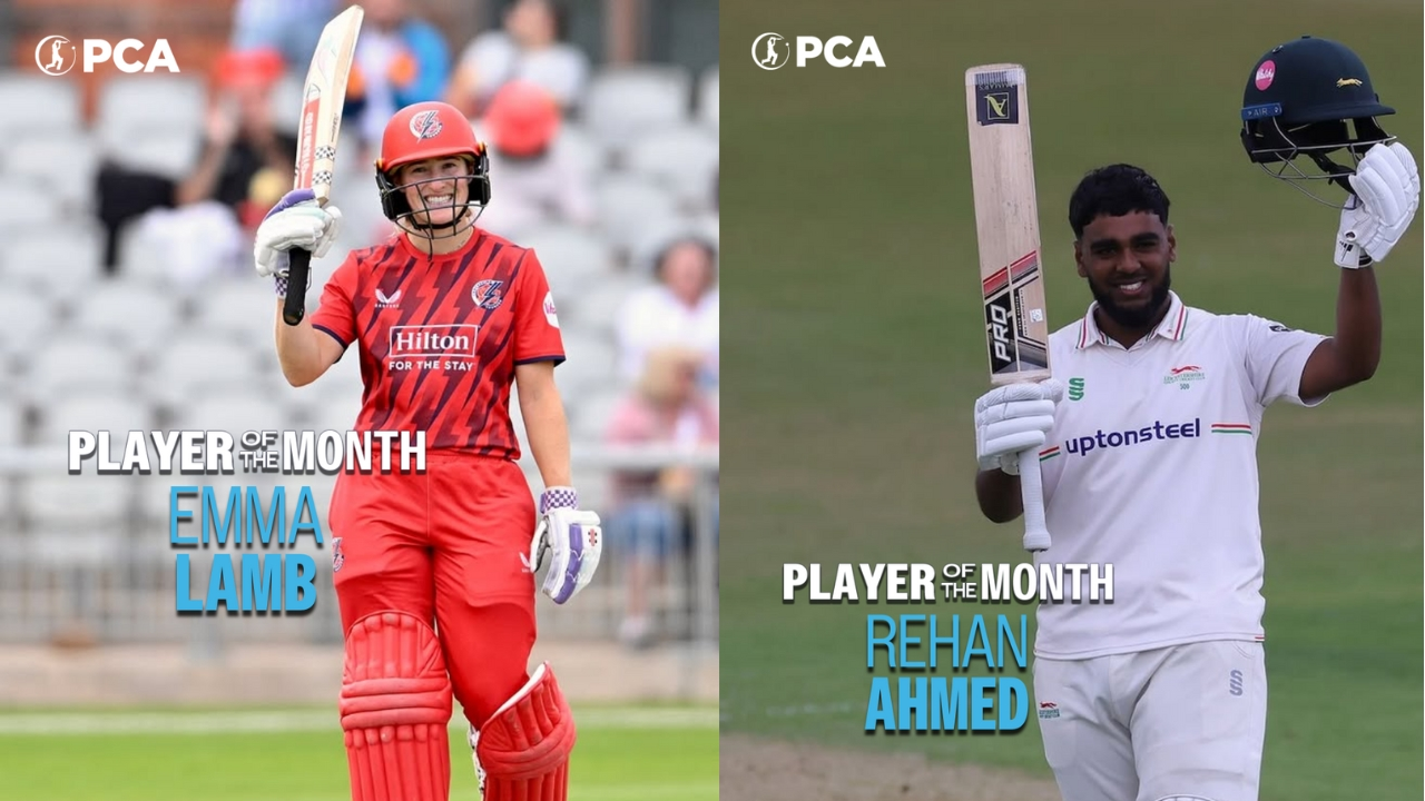 Emma Lamb and Rehan Ahmed holding bats in celebration after scoring runs, featured with PCA logo and Player of the Month text.