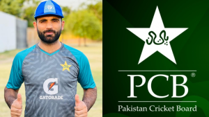 Fakhar Zaman in Pakistan cricket training kit giving thumbs up, standing next to the Pakistan Cricket Board (PCB) logo.