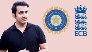 Gautam Gambhir standing in front of the BCCI and ECB logos, representing India-England cricket discussions or developments in 2025.