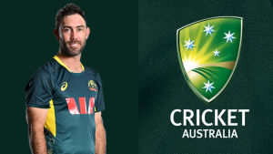 Glenn Maxwell in Australian cricket team jersey alongside Cricket Australia logo.