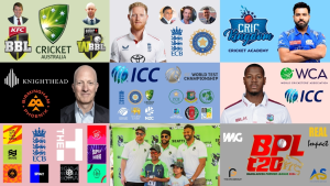 Collage featuring global cricket leagues, players, and logos including ICC, BPL, WTC, ECB, WCA, Cricket Australia, The Hundred, and team photos from events in 2025.