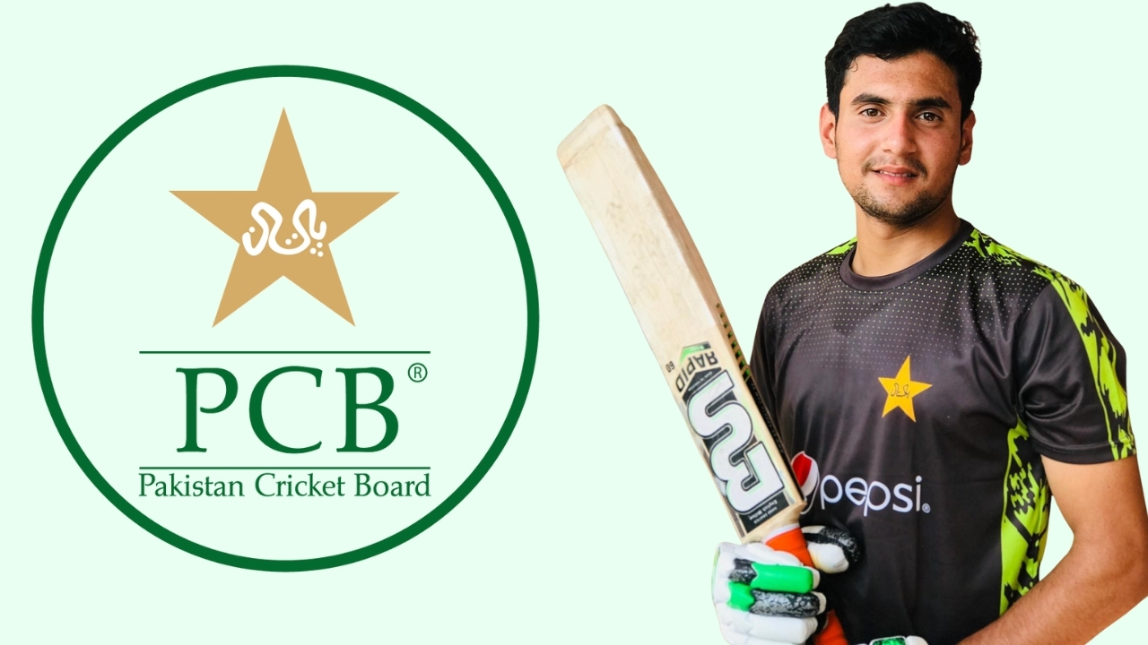 Haider Ali holding a cricket bat alongside the Pakistan Cricket Board (PCB) logo featuring a golden star and Urdu script.
