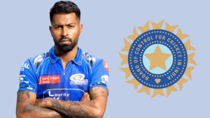 Indian cricketer Hardik Pandya in Mumbai Indians jersey posing with crossed arms beside the BCCI (Board of Control for Cricket in India) logo.