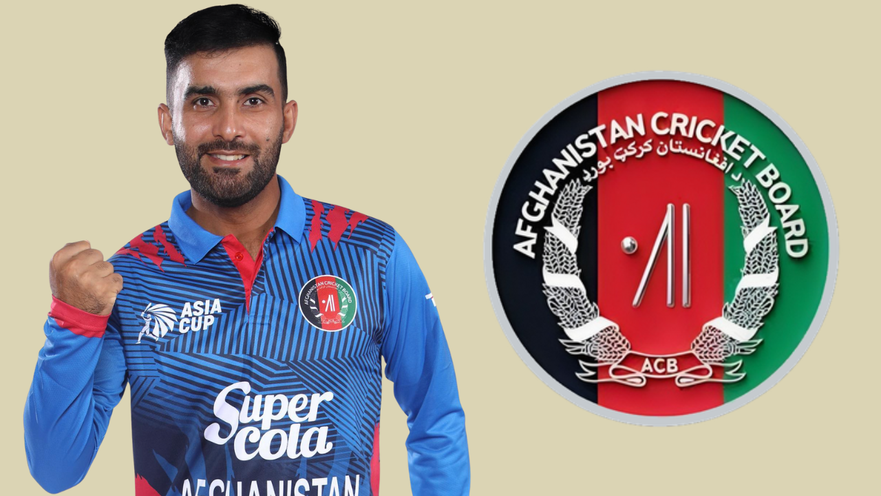 Hashmatullah Shahidi celebrating in an Afghanistan cricket jersey beside the Afghanistan Cricket Board (ACB) logo on a beige background.