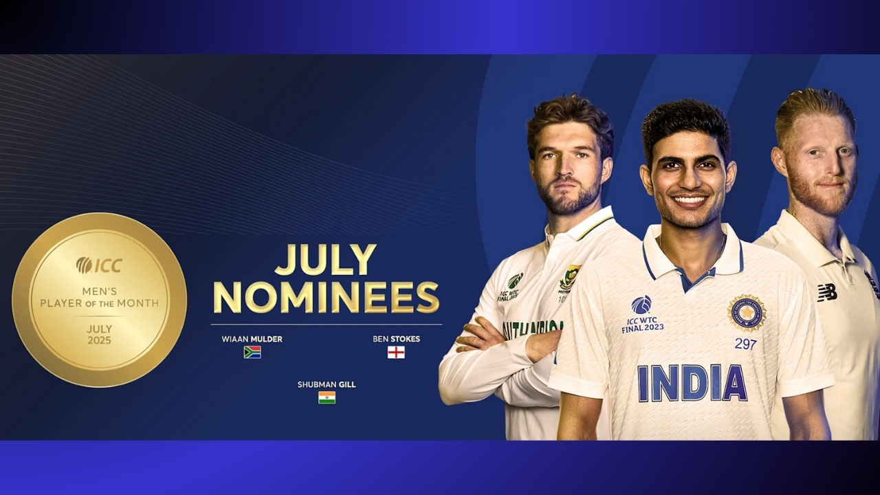 ICC July 2025 Player of the Month nominees Wiaan Mulder, Shubman Gill, and Ben Stokes with ICC POTM logo and national cricket team logos of South Africa, India, and England.
