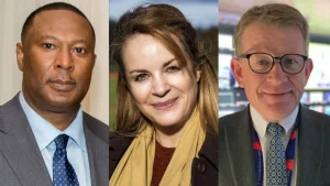 Portraits of cricket administrators Ingleton Liburd, Emma White, and Huw Bevan in professional settings.