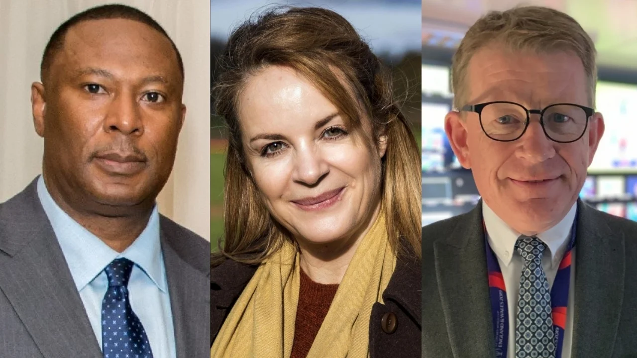 Portraits of cricket administrators Ingleton Liburd, Emma White, and Huw Bevan in professional settings.