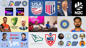 Collage of international cricket boards, league logos, broadcasters, and players including representations from USA Cricket, India, Australia, West Indies, Pakistan, Saudi Arabia, Major League Cricket, IPL, and Asia Cup.