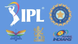 Logos of IPL, BCCI, Lucknow Super Giants, Royal Challengers Bangalore (RCB), and Mumbai Indians on a blue background.