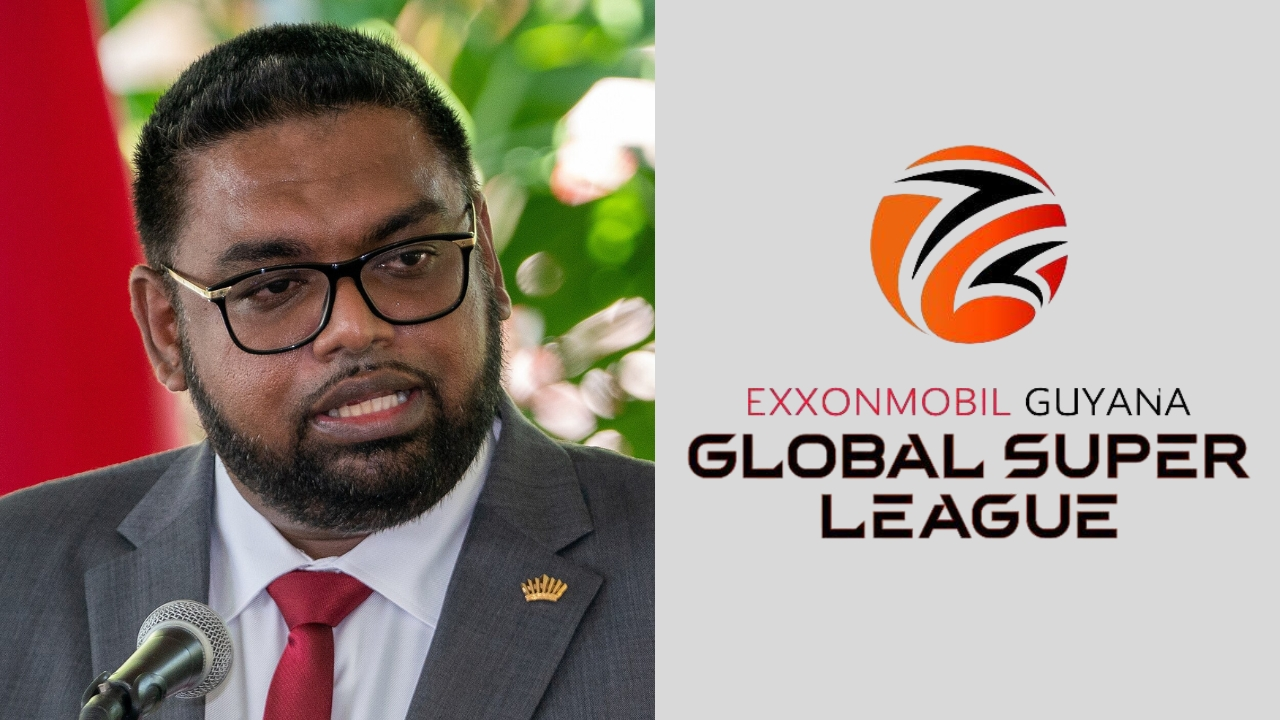President Irfaan Ali speaking at an event with ExxonMobil Guyana Global Super League T20 logo beside him