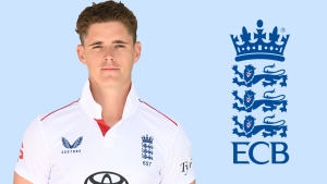 England cricketer Jacob Bethell in team kit with ECB logo in the background