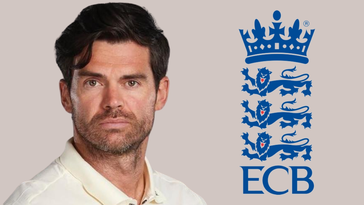 England cricketer James Anderson in team kit alongside ECB (England and Wales Cricket Board) logo