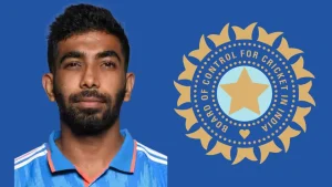 Indian cricketer Jasprit Bumrah in team jersey next to BCCI logo on a blue background.