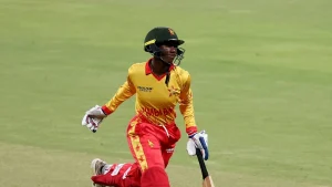 Zimbabwe women's cricketer Kelis Ndhlovu in action during a batting run on the field
