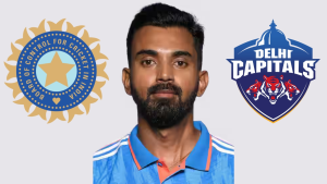KL Rahul with BCCI and Delhi Capitals logos in the background, wearing India cricket team jersey.