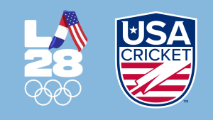 Logos of LA28 Olympics and USA Cricket on a blue background, highlighting cricket's inclusion in the 2028 Los Angeles Games