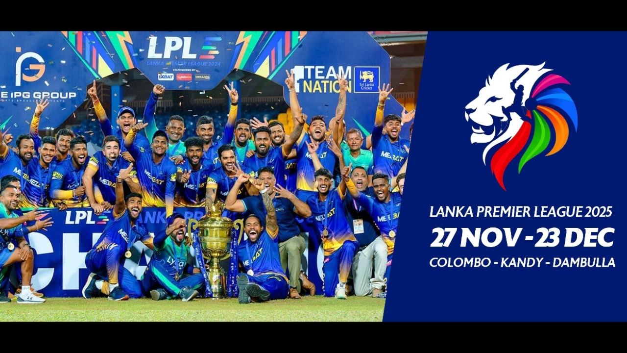 Lanka Premier League cricket team celebrating their victory with trophy, alongside the LPL 2025 schedule showing dates and venues: 27 Nov to 23 Dec in Colombo, Kandy, and Dambulla.