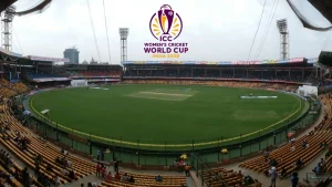 M. Chinnaswamy Stadium in Bengaluru with the ICC Women’s Cricket World Cup 2025 India logo displayed above the cricket field.