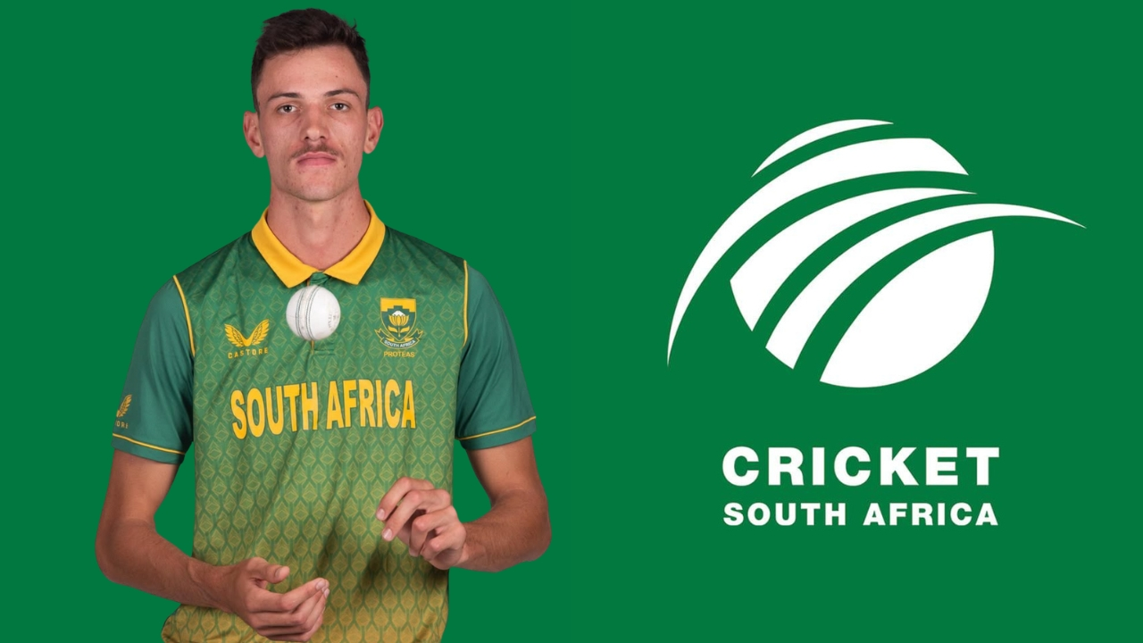 Marco Jansen in South Africa cricket team jersey tossing a ball with CSA logo in the background