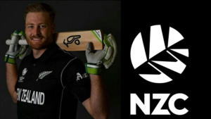 New Zealand cricketer Martin Guptill holding a cricket bat over his shoulders next to the NZC (New Zealand Cricket) logo on a black background.