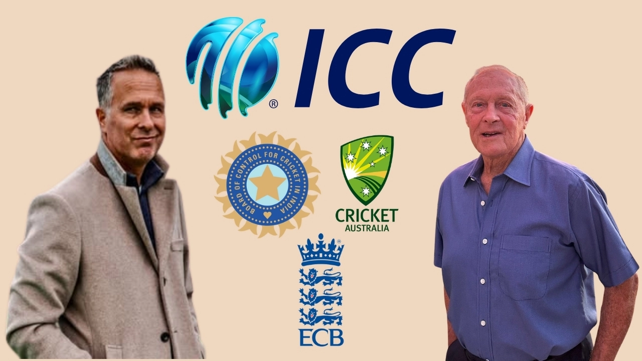 Michael Vaughan and Geoffrey Boycott with ICC, BCCI, Cricket Australia, and ECB logos on a beige background.