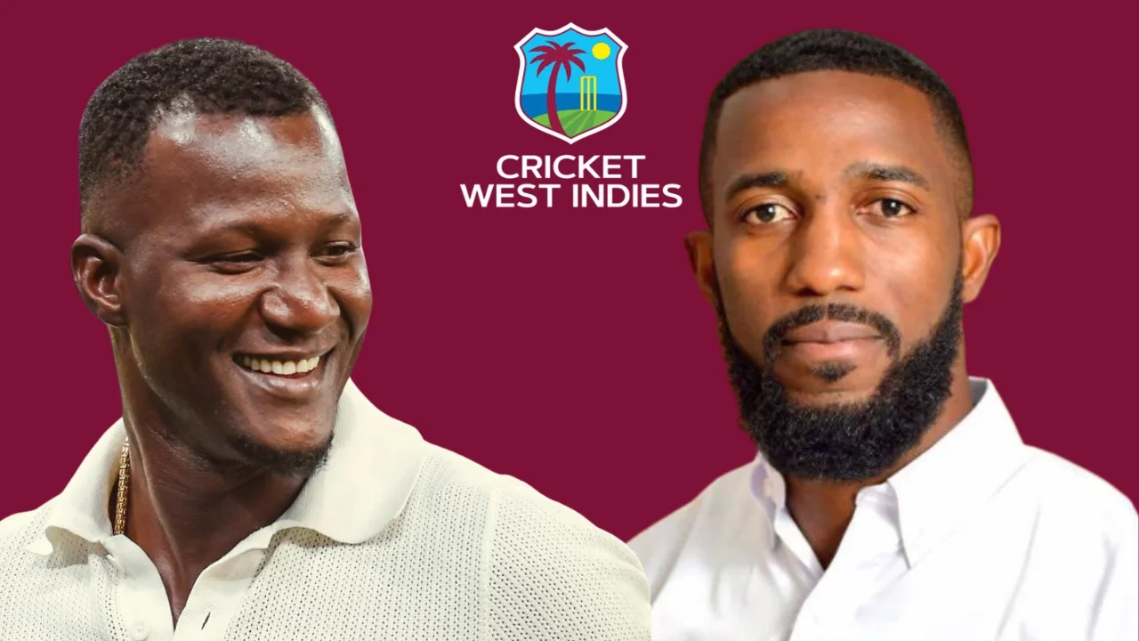 Miles Bascombe and Darren Sammy with the Cricket West Indies (CWI) logo on a maroon background, representing West Indies cricket leadership.