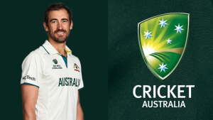 Mitchell Starc in Australia Test cricket jersey beside Cricket Australia logo ahead of ICC World Test Championship Final 2025.