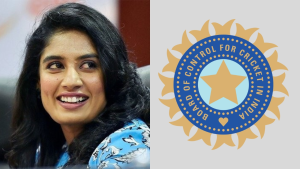 Indian women’s cricketer Mithali Raj smiling, pictured beside the BCCI (Board of Control for Cricket in India) logo on a light grey background.