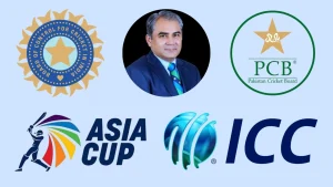 Collage featuring Mohsin Naqvi along with logos of the Asia Cup, ICC, BCCI, and PCB, representing key cricket governing bodies and tournaments in 2025.