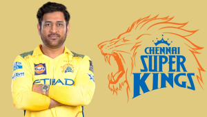 MS Dhoni in Chennai Super Kings jersey standing with arms crossed next to the CSK lion logo on a yellow background.
