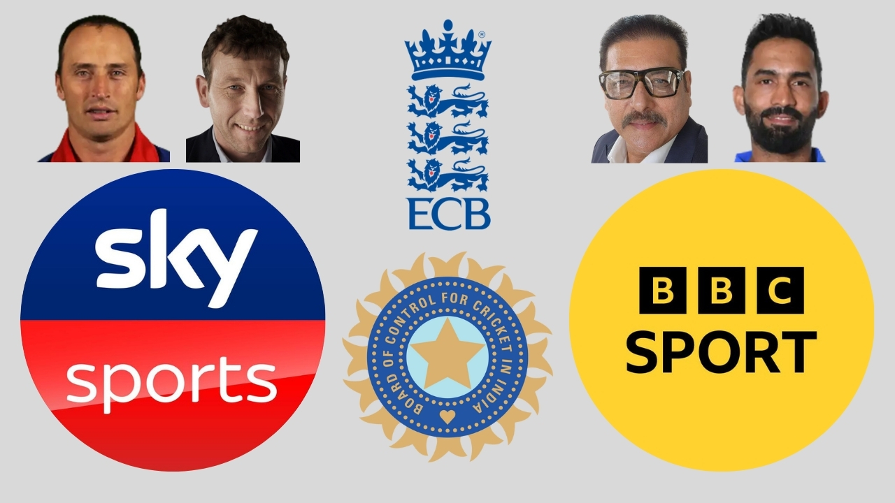 Nasser Hussain, Michael Atherton, Ravi Shastri, and Dinesh Karthik with Sky Sports, BBC Sport, England and Wales Cricket Board (ECB), and Board of Control for Cricket in India (BCCI) logos.