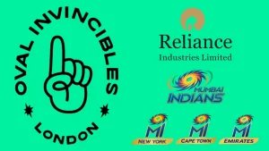 Logos of Oval Invincibles, Reliance Industries Limited, and Mumbai Indians franchises including MI New York, MI Cape Town, and MI Emirates, highlighting the global cricket footprint of the Reliance-owned teams.