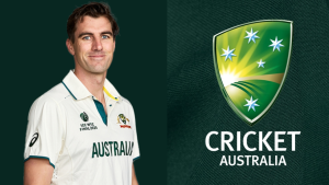 Australian cricketer Pat Cummins in Test jersey with ICC WTC Final 2025 logo, posing alongside the Cricket Australia emblem on a dark green background.