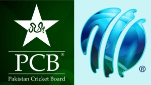 Logos of Pakistan Cricket Board (PCB) and International Cricket Council (ICC) side by side