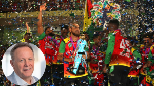 Pete Russell and Imran Tahir posing with the Caribbean Premier League (CPL) trophy during the 2025 tournament presentation ceremony.