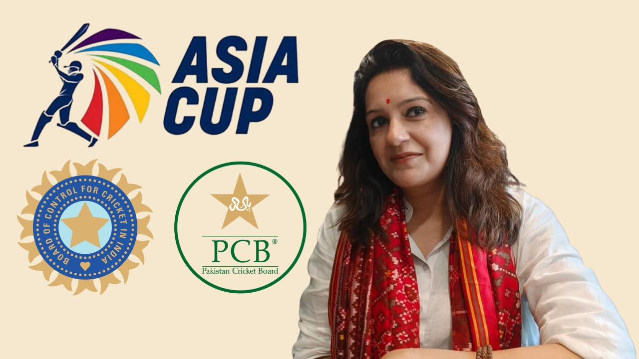 Indian MP Priyanka Chaturvedi alongside Asia Cup 2025 branding, with BCCI (Board of Control for Cricket in India) and PCB (Pakistan Cricket Board) logos in the background.